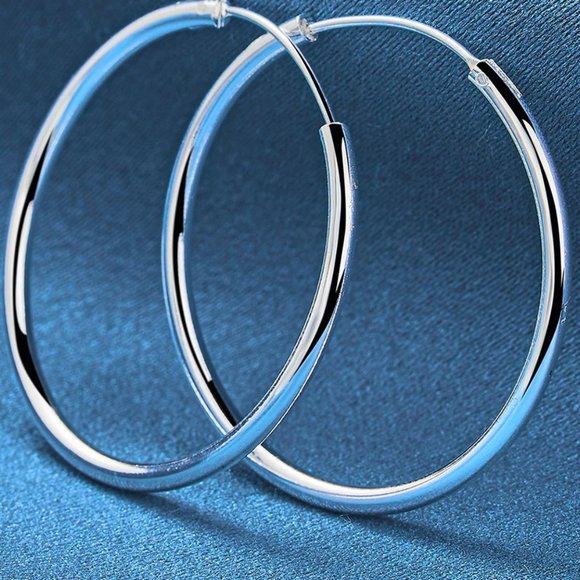 Stunning .925 Sterling Silver 35mm Round Hoop Earrings - Picture 3 of 5